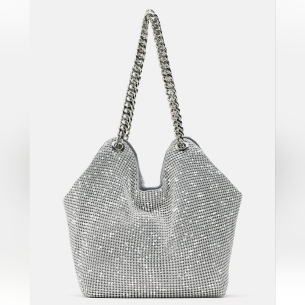 Zara Rhinestones Mini Silver Sparkly Tote - Picture 2 of 12